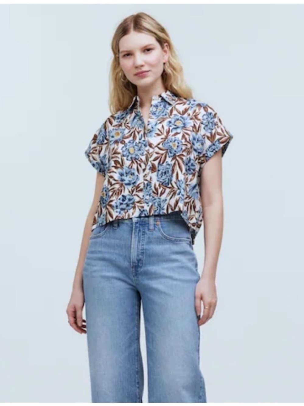 Madewell Crop Dolman Sleeve Floral 100% Linen Shirt Size Small 💙🤎